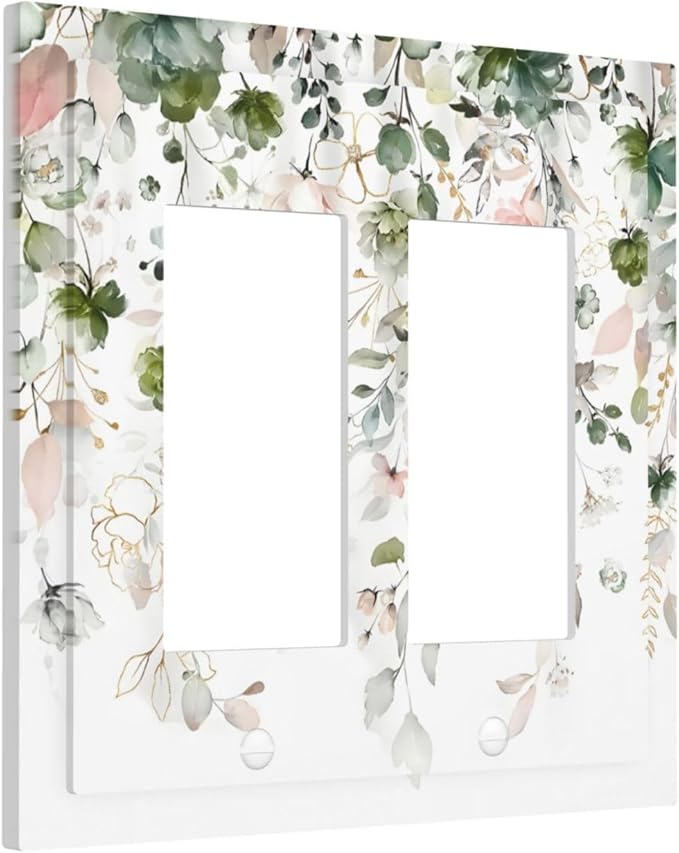 Green Pink Floral Flower Rustic Eucalyptus Leaves Wildflower Decorative Outlet Covers 2 Gang Double GFCI Rocker Electrical Wall Panels Light Switch Cover Plate for Bedroom Living Room Decor