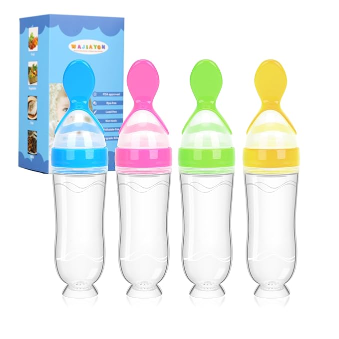 Baby Food Feeder 4 Pack Silicone Baby Food Dispensing Spoon-WAJIAYON, 3 oz Squeeze Feeding Spoons with Suction Cup for Boys Girl Kids Toddlers - Self Feeding Bottle Spoon