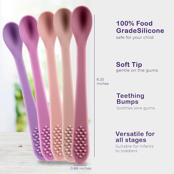 First Stage Silicone Baby Spoon - Self Feeding Utensils for Infants - Soft & Gentle on Gums - BPA Free Set (Pastel2)