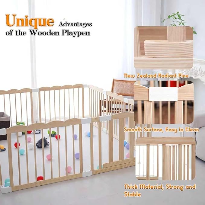 Baby Playpen, Wooden Playpen for Babies and Toddlers, Large Adjustable Wooden Baby Playard with Locking Gate, Easy to Assemble, Portable Play Pen, Infant Play Pen Play Area(102x67x24 Inch)