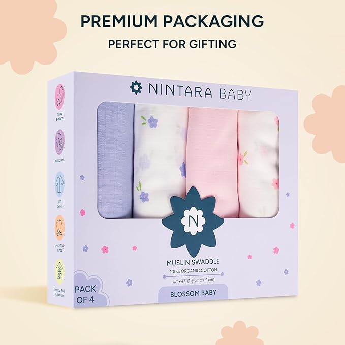 Muslin Swaddle Blankets for Newborns, 4 Pack Multipurpose 100% Organic Cotton, Ultra Soft Breathable Receiving Blanket 47 x 47 inches, Swaddle Wrap for Baby Boys & Girls