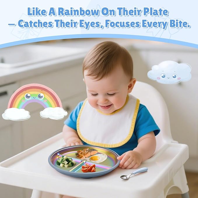 Goldusk Stainless Steel Baby Plates with Suction, 2pcs 9" Rainbow Kids Plates BPA-Free with Removable Food-Grade Silicone Base Baby Dishes Toddler Plates with Dividers, Blue & Green