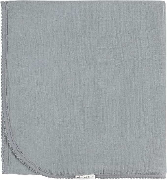 Ely's & Co. Cotton Muslin Swaddle Blanket with Scallop Trim, 1-Pack for Baby Boy - 100% Cotton Muslin Extra-Large Swaddle Blankets (47??x 47?? Blue with Scallop