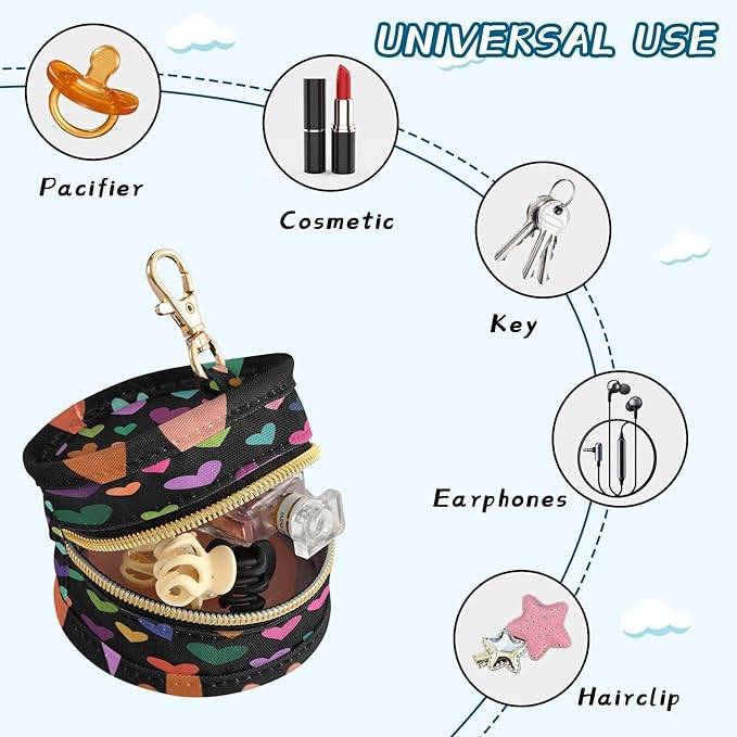 Pacifier Holder with Clip Pacifier Case for Diaper Bag Round Baby Pacifier Pouch Box Bag Portable Black Colored Heart