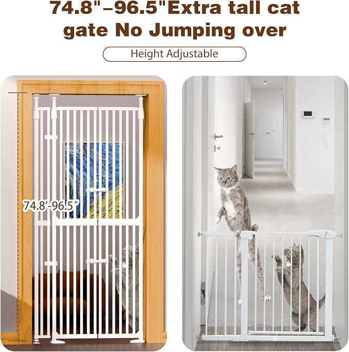 74.8"-90.5" Extra Tall Cat Gate for Doorway, Auto‑Close, No‑Drill Pressure‑Mount with 3 Support Pillars & Double‑Door, Fits 30.3–38.2″ Openings, 1.37″ Narrow Gap, Extension Kit Included, White