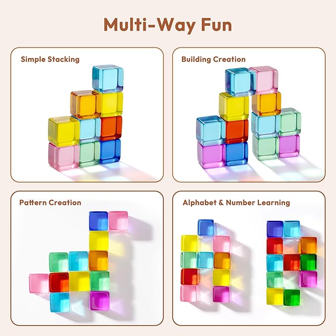 Woodtoe Rainbow Building Blocks for Toddlers, 24 PCS Acrylic Gem Cubes Stacking Blocks, Montessori Stacking Toy for 3 4 5 6 Year Old, Educational STEM Creative Sensory Toy Gifts for Kids Boys Girls