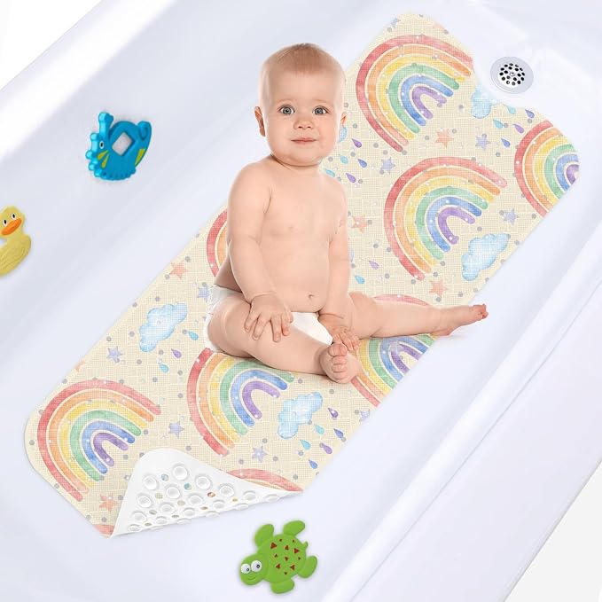 Rainbow Boho Bathtub Shower Mat Cute Cloud Non-Slip Tub Extra Long Bath Floor 40X16 Inch Machine Washable for Bathroom Tub Bath Mat for Toddler and Baby