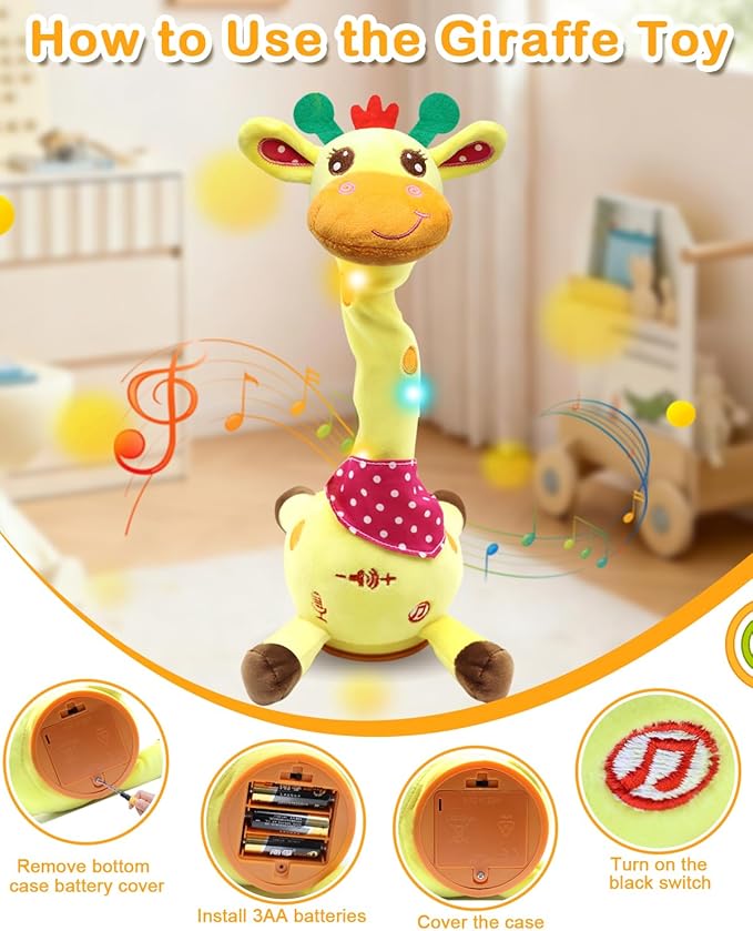 Pbooo Dancing Talking Giraffe Toy, Stuffed Animal Repeats What You Say, Electronic Musical Plush with Glowing Light, Interactive Baby Toys Gifts for Toddlers Kids Boys Girls 1 2 3 Years Old