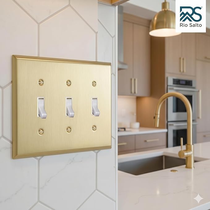 Rio Salto BRASS Brushed Brass Gold Metal Triple Toggle Switch Plate Flip Switch Outlet Covers Light Switch Cover Wall Plates Architectural ??Signature Collection 2-Pack 4.50" X 6.33"