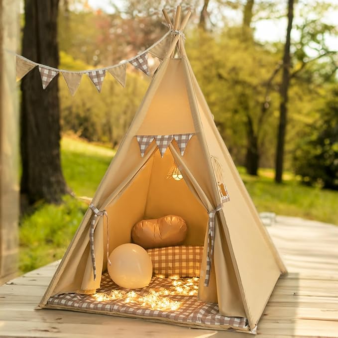 Teepee Tent with Padded Mat Bunting Banner Fairy Lights - Print Gingham Kids Play Tent with Carry Bay for Indoor and Outdoor, Play House Toys for Toddler, Boys and Girls