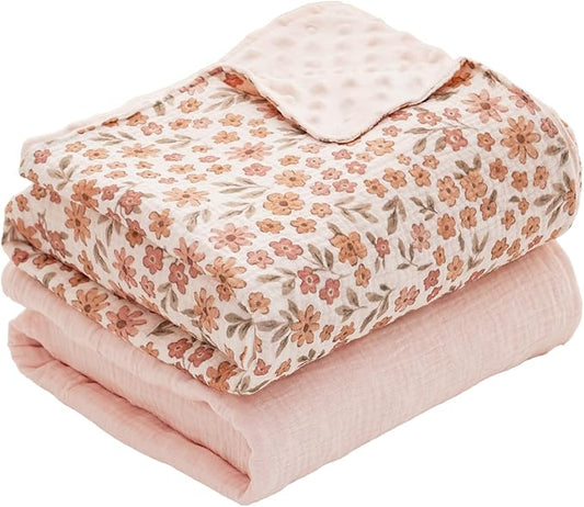 2 Pack Minky Baby Blankets,Super Soft Receiving Blankets with Muslin Cotton Front & Dotted Fleece Backing,39x29.5 Inches,Printed Bed Throws Newborn(Florals)