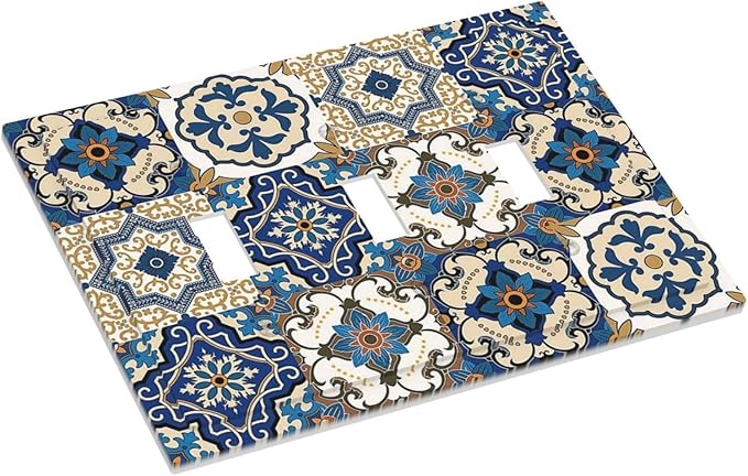 Boho Talavera Decorative Tile Moroccan Mandala Print Decorative Switch Plates 3 Gang Wall Plate Triple Toggle Light Switch Cover Faceplate Electrical Wall Panels for Bathroom Kitchen Decor