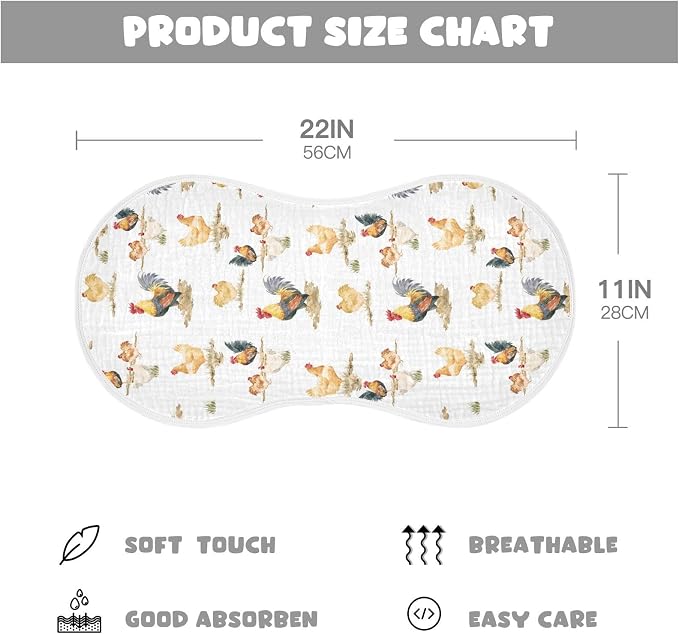 Muslin Burp Cloths for Baby Boys and Girls - 1-Pack Ultra Absorbent Rustic Retro Chickens Rooster Muslin Washcloths, Newborn Towel, Milk Spit Up Rags, Burp Cloth Bib for Unisex, 22 x 11 Inch