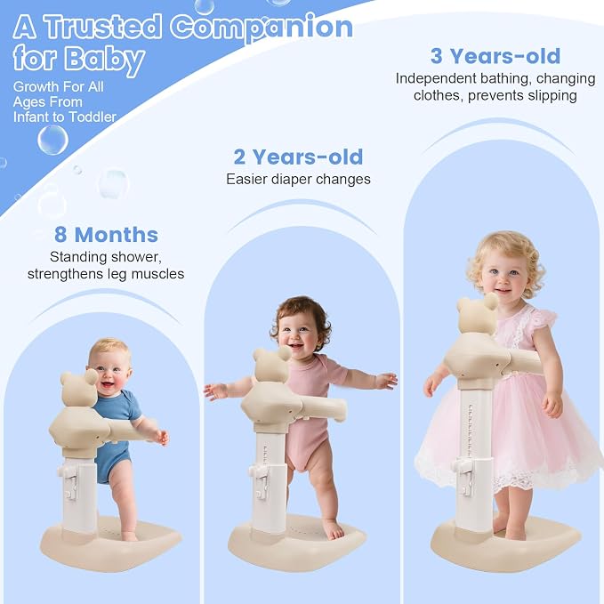 2-in-1 Adjustable Baby Shower Support Set Bear Design with Little Toy Duck | Bathroom Safety Standing Infant Shower Chair & Bather Station | Portable Non-Slip Bathing Stand for 6-48 Months
