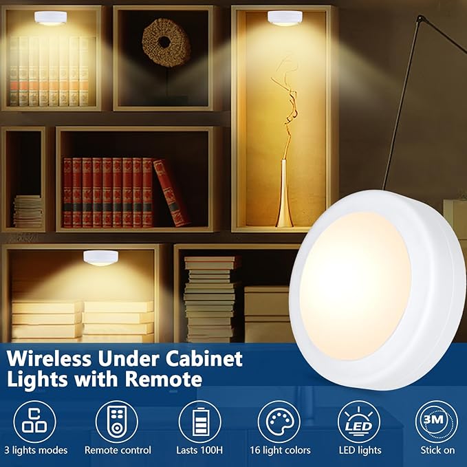 Yiliaw 3 Pack LED Puck Lights Remote Control 16 Color Changeable Under Cabinet Lights, Battery Operated Lights Night Light with Dimmer & Timmer for Closet Bedroom Kitchen, White