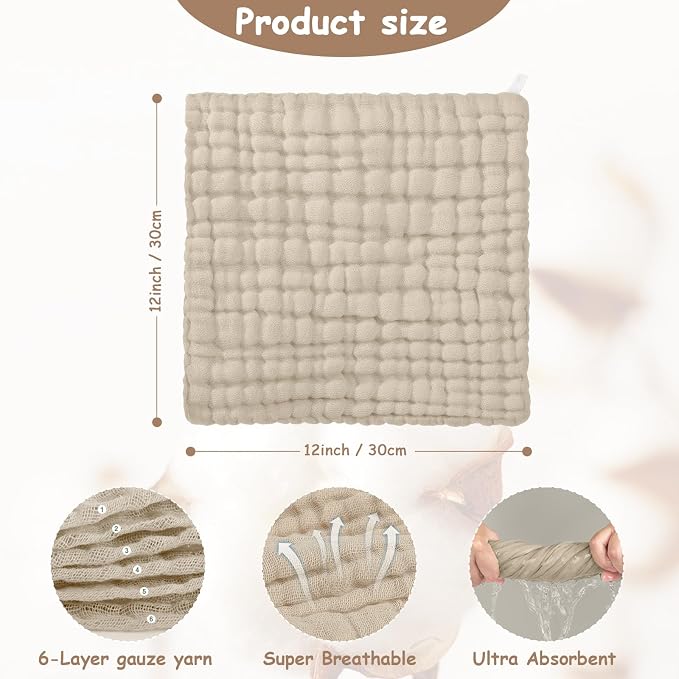 Looxii Muslin Baby Washcloths 6 Pack, 100% Cotton Baby Wash Cloths for Baby Face Body, 12x12 inches Large Soft Absorbent Face Towels for Newborns Multicolor