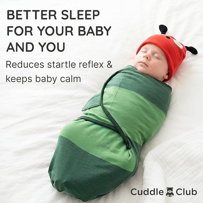 Cuddle Club Swaddles for Newborns - Baby Swaddle Blanket for Boys & Girls - Adjustable Hook-and-Loop Cotton Wrap for Newborn 0-3 & 3-6 Months with hat