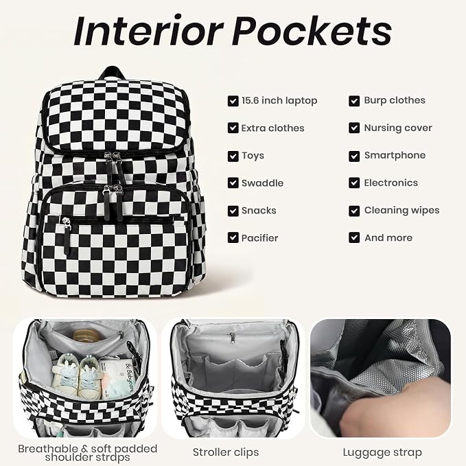 FHELAD Checkered Diaper Bag Backpack with Changing Pad & Stroller Clips, Large Travel Baby Diaper Bag for Newborn Moms, Baby Shower Gifts (Obsidian Black)