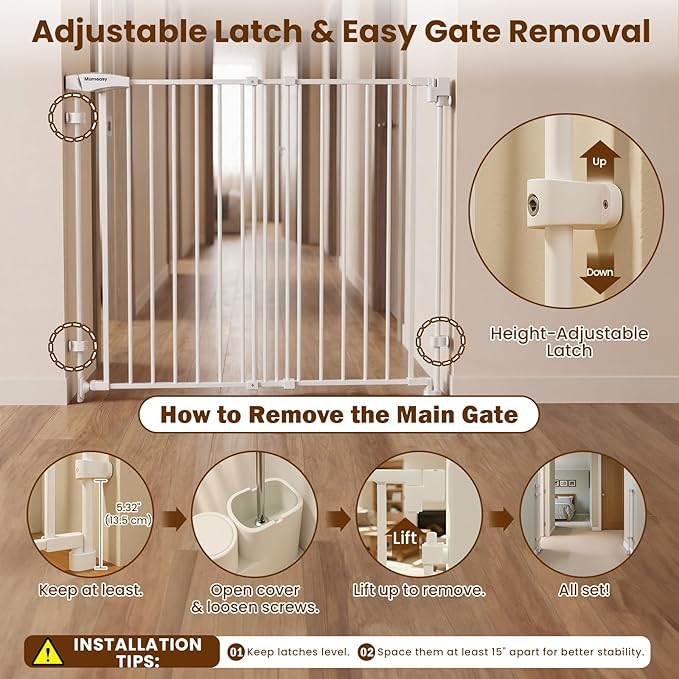 Mumeasy 36" Tall Baby Gate for Stairs, 29.5-43.3" Expandable Hardware Mounted (Drill Needed), Removable No Bottom Bar Dog Gate, Auto Close Wide Walk Thru Safety Gate for Doorways, Pets& Toddlers,White