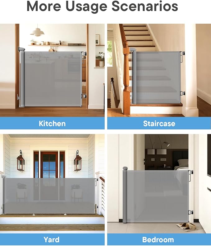 Retractable Baby Gate for Stairs ??34" Height, Expands up to 71" Width, Safety Gate for Infants, Toddlers, Dogs & Pets, Easy Install, Gray Puppy Gate for Indoor & Outdoor Use, Gray