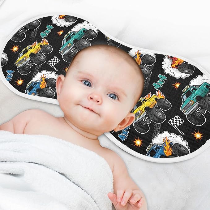 2 Pack Muslin Burp Cloths Monster Truck Black Print Cotton Baby Burp Cloths Absorbent Soft Burping Cloth Washcloths for Newborn Babies 22x11 Inch