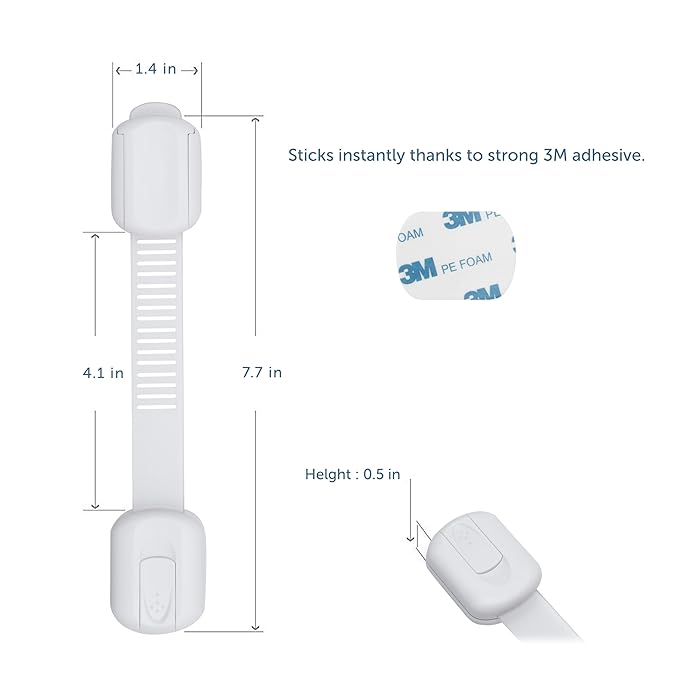 Child Safety Cabinet Locks (10 Pack) – Adjustable Baby Proofing Strap Latches with Strong 3M Adhesive – No Drill Childproof Locks for Drawers, Cabinets, Fridge, Door, Closet, White