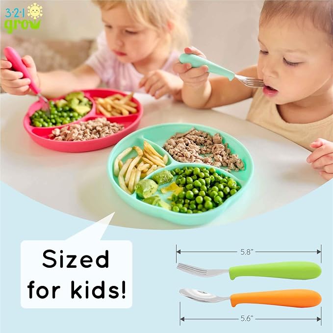 Eat with Me Spoon and Fork Set – Toddler Utensils with Easy-Grip Silicone Handles – Kid-Sized & Safe Stainless Silverware – Promotes Independent Eating – Dishwasher Safe (Ocean)