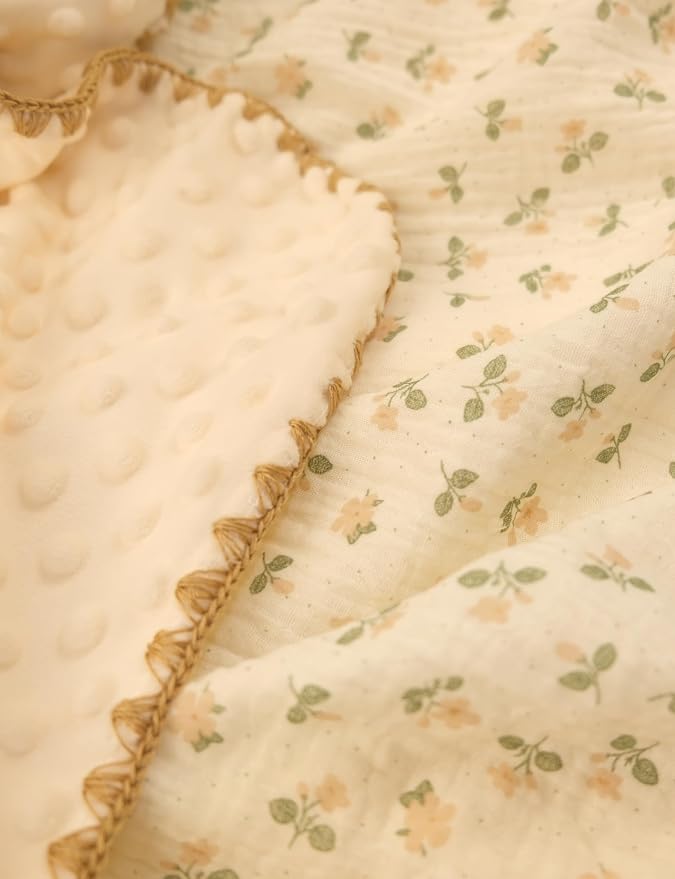 Baby Blanket 40x40 Inches,Muslin Cotton and Minky Dotted Double Layer Soft Receiving Blanket for Newborn Toddler,Petite Floral