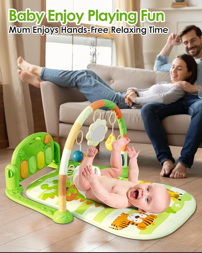 dearlomum Baby Play Mat Gym, Funny Play Piano Tummy Time Activity Mat with 5 Infant Sensory Toys, Music and Lights, Boy & Girl Gifts for Newborns 0 to 3 6 9 12 Months (Green)