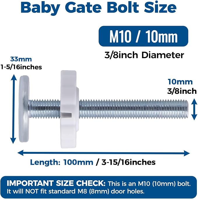 M10 Baby Gate Spindle Rods 4-Pack, Fits 10mm Holes Only, Not for M8, (10mm / 3/8") Extra Long 3.94" Replacement Parts for Pressure Mounted & Pet Safety Gates, White