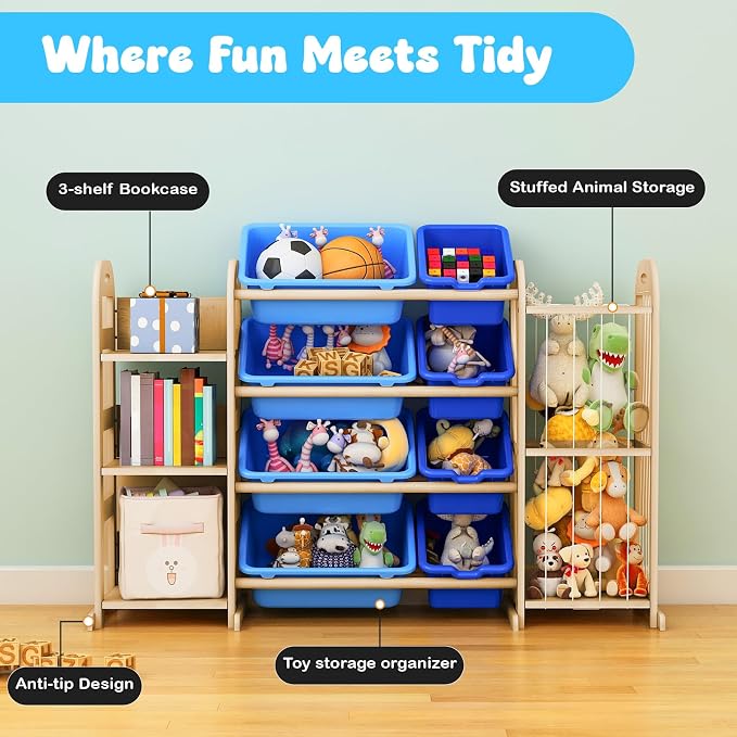 Toy Storage Organizer, Toy Organizers and Storage with Stuffed Animal Storage, Kids Toy Storage Shelf with 3 Shelves 8 Storage Bins, Kids Bookshelf, Toy Holder for Playrooms, Bedrooms, Blue