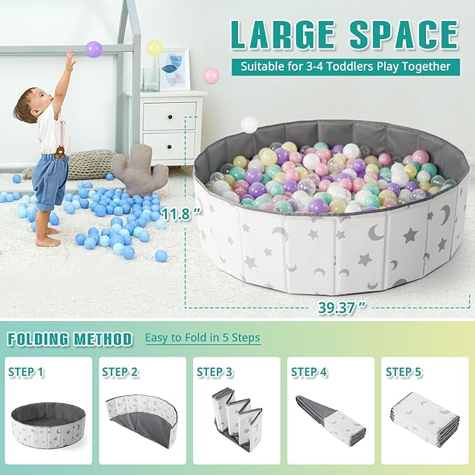 40Inch Kids Ball Pit, Foldable & Portable & Reusable Balls Pool for Toddlers,Playpen/Fence for Baby, Play Pool for Dog, Indoor & Outdoor Use, Oversized (Star/Moon)