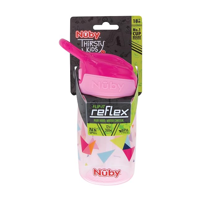 Nuby Kid’s Flip-it Reflex Push Button On-The-Go Printed Water Bottle with Soft Spout - 12oz / 360ml, 18+ Months, 1pk - Pyramids
