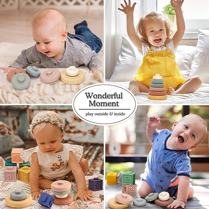 Mini Tudou Baby Blocks & Stacking Rings Toy Set, Baby Sensory Building & Teething Toys Educational Squeeze Play with Animals Shapes Textures Numbers, Holidays for Toddlers Babies 6m+