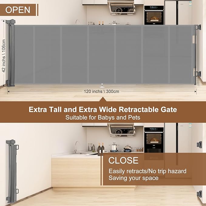 Miumoon 120 inch Retractable Baby Gates 42 inch Tall, Retractable Gate with Reinforced Strip Design to Prevent Crawling Through, 10 FT Extra Wide Retractable Dog Gate for Indoor/Outdoor