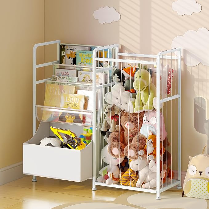 BBLIKE Kids Bookshelf and Stuffed Animal Storage - Multi-Function Nursery Book Shelves with Leather Toy Box and PVC Book Display, Toy Organizer for Playroom, Bedroom, Nursery, White