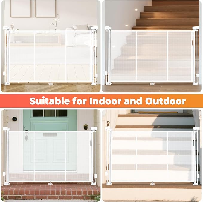 Retractable Baby Gates for Stairs, 55" Wide Retractable Dog Gate Pet Gate, 34" Extra Tall Child Safety Gate Toddler Mesh Gate with Support Rods for Doorways, Hallways, Deck, Porch, Indoor, Outdoor