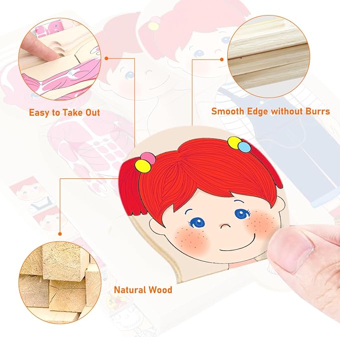 Wooden My Body Puzzle for Toddlers & Kids, Girls Montessori Anatomy Puzzle Kid Play Set, Preschool Game Learning Human Body Skeleton Toys for Kids Ages 3-5