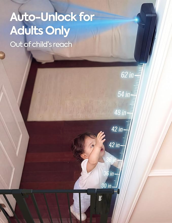 Babelio Smart Baby Gate with Auto-Unlock/Close, Pressure Mounted No Drill for Doorways/Top of Stairs. Pet/Dog Door Wide Walk Thru w/Infrared Sensor & Safety Alert (Black, 30.3-47.2" W, 30" H)