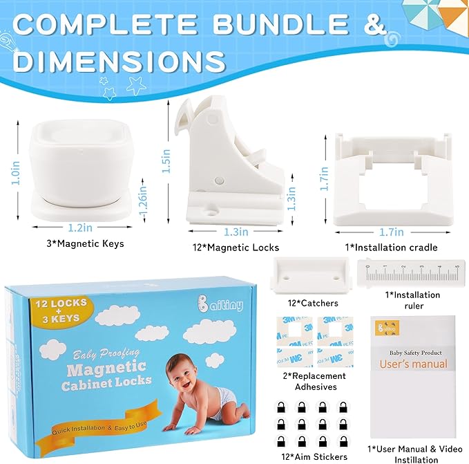 12 Pack Magnetic Cabinet Locks Baby Proofing - Baitiny Child Proof Cupboard Drawers Latches - Adhesive Easy Installation