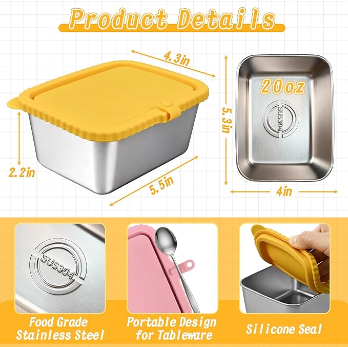 4-Pack Stainless Steel Snack Containers with Silicone Lids, 20oz Leakproof Food Storage Meal Prep Containers Reusable Metal Bento Lunch Snackle Box Container for Travel, Picnics, Office