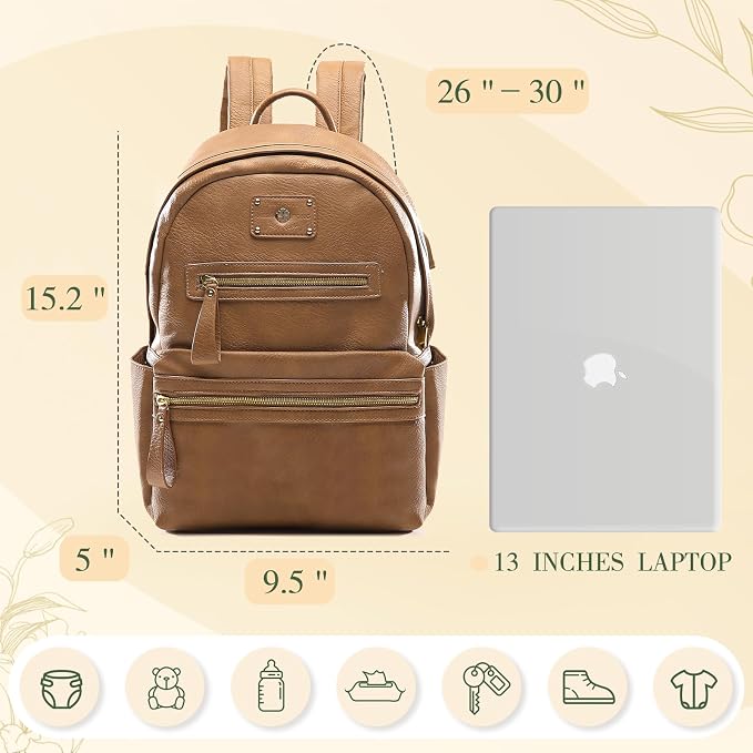 miss fong Small Diaper Bag for Travel Leather Diaper Bag Backpack Baby Diaper Bag with 7 Pockets with USB Charger & 2 Insulated Pockets