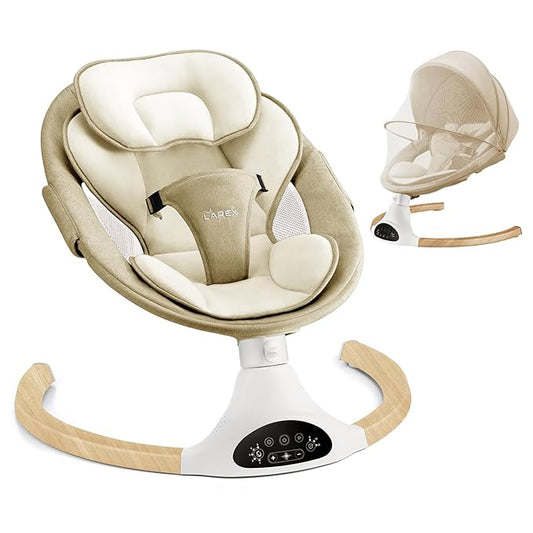 LAREX Baby Swing Infant Swing Electric Toddler Baby Rocker Portable for Newborn Boy Girl, 5 Sway Speeds with Remote Control, 10 Preset Melodies and Bluetooth, 0-6 Months Max 20 Lbs (Khaki)