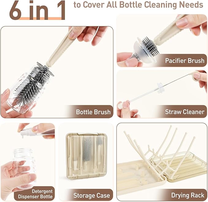 Baby Bottle Brush Set, 6-in-1 Travel Bottle Cleaning Kit with Silicone Bottle Brush, Nipple & Straw Brush, Soap Dispenser, Drying Rack, Storage Box ??Compact Travel Baby Essential for Home & On-The-Go