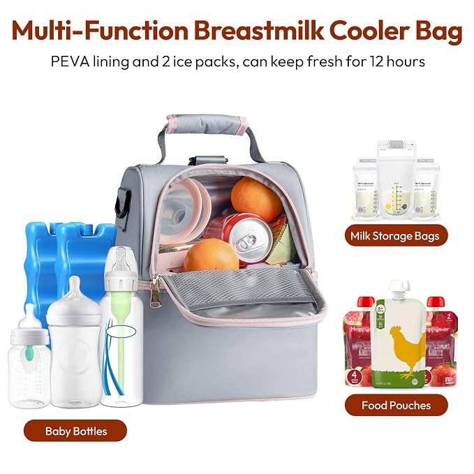 NCVI Breastmilk Cooler Bag with 2 Ice Pack, Breast Pump Bag with Cooler Fits 6 Bottles, Double Layer Breast Milk Baby Bottle Cooler Bag, for Travel, Nursing Mom Daycare, Work, Picnic (Grey)