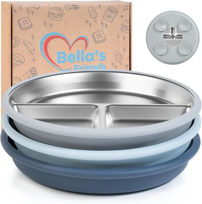 Bella's Friends Life Stainless Steel Baby Plates with Suction 3 Pack, 8” Divided Toddler Plates with Removable Silicone Sleeves for Mess-Free Feeding, Non-Toxic, Non-Slip, Dishwasher Safe