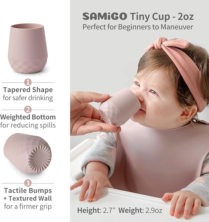 SAMiGO Silicone Baby Cups for 6-12 Months, Tiny Open Cups for Training and Water Drinking, Baby Led Weaning Supplies, 2 OZ