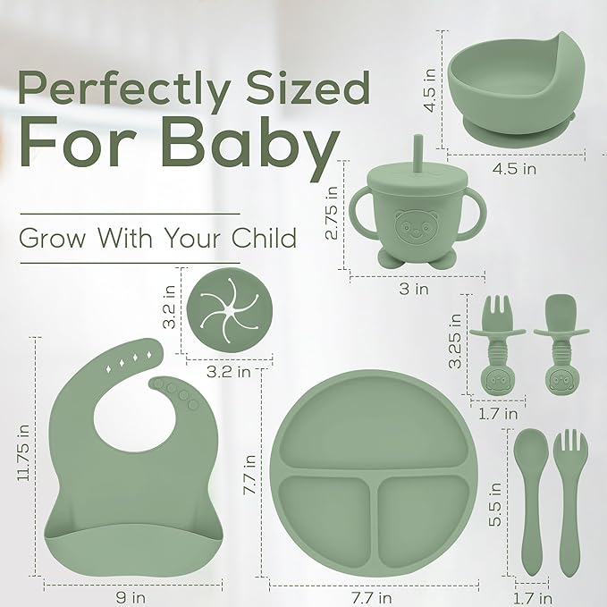 Silicone Baby Feeding Set | 9 PCS Baby Led Weaning Supplies Feeding Utensils | Divided Suction Plate Bowl Bib Cup Baby Spoons Forks | Toddler Eating Essentials-6+ Months (Light Green)