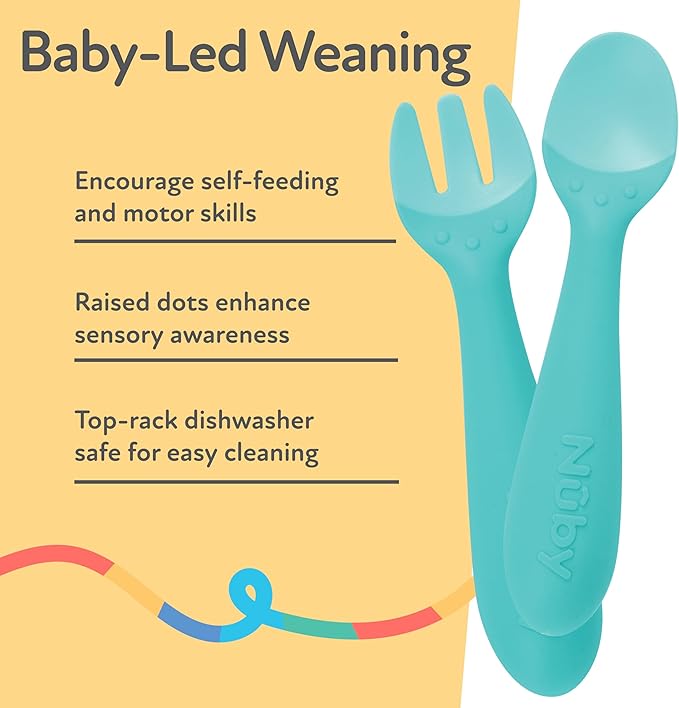 Nuby Silicone Easy Grip Fork & Spoon Set, 12+m in Aqua