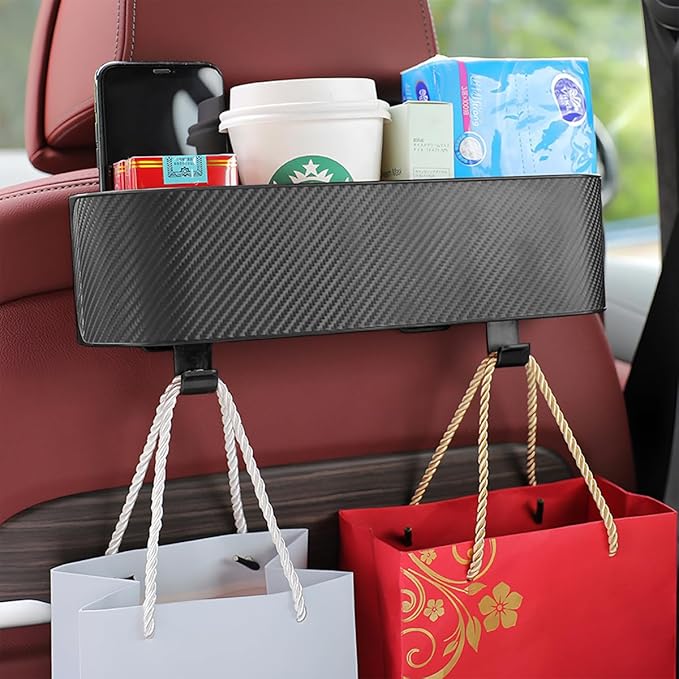 BELOMI Car Headrest Backseat Organizer with Cup Holder, Seat Back Hanging Storage Box with Hooks, Multi-Functional Drink Pocket Food Snack Phone Tray for Kids, Car Travel Accessories (Black)